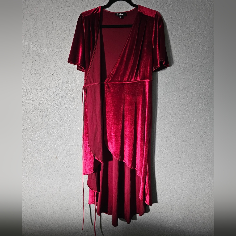Lulus Dress Size Medium Velvet Wrap Tie Midi Party V Neck High Low Red